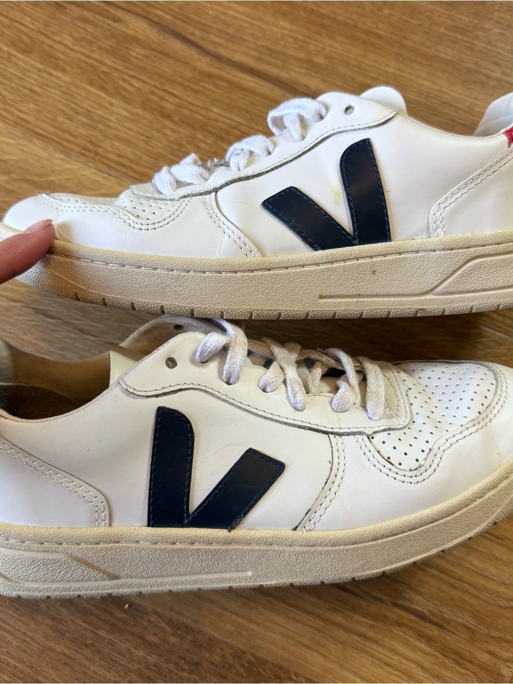 Veja V-10 White Leather Sneakers with Navy 'V' Accent